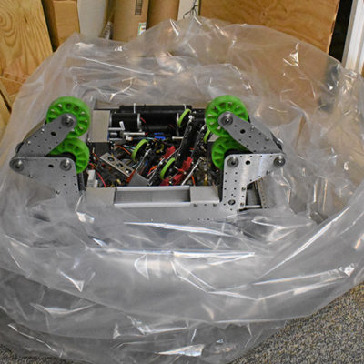 Our robot about to be sealed in the bag shortly before midnight